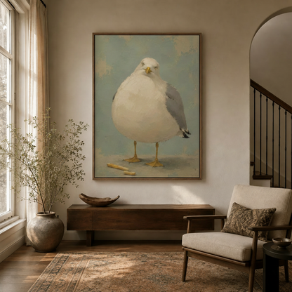 Chubby seagull oil painting canvas print displayed in a hallway with arched doorway and warm ambient lighting