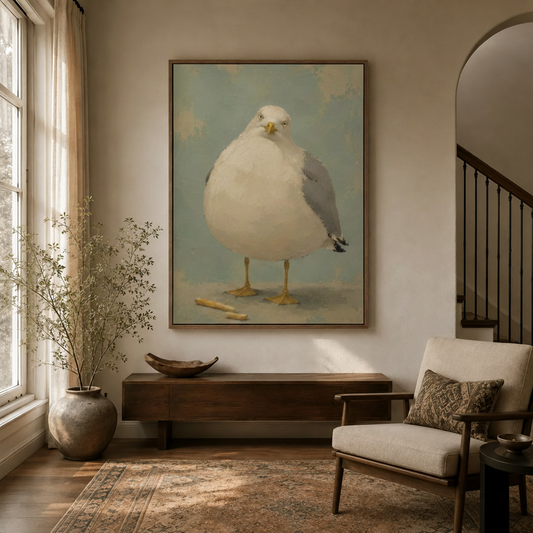 Chubby seagull oil painting canvas print displayed in a hallway with arched doorway and warm ambient lighting