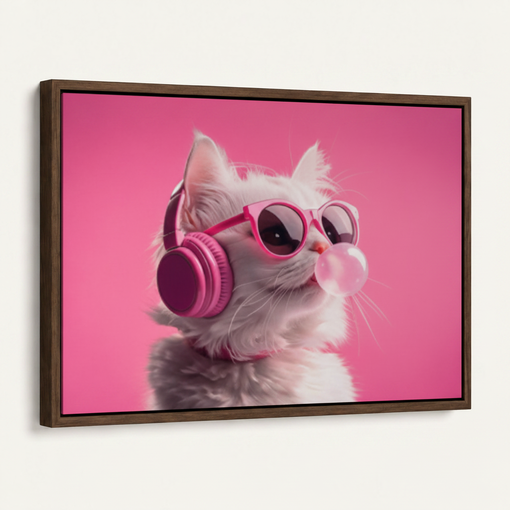 White cat with pink sunglasses headphones framed canvas print dark walnut float frame 3/4 angle mockup