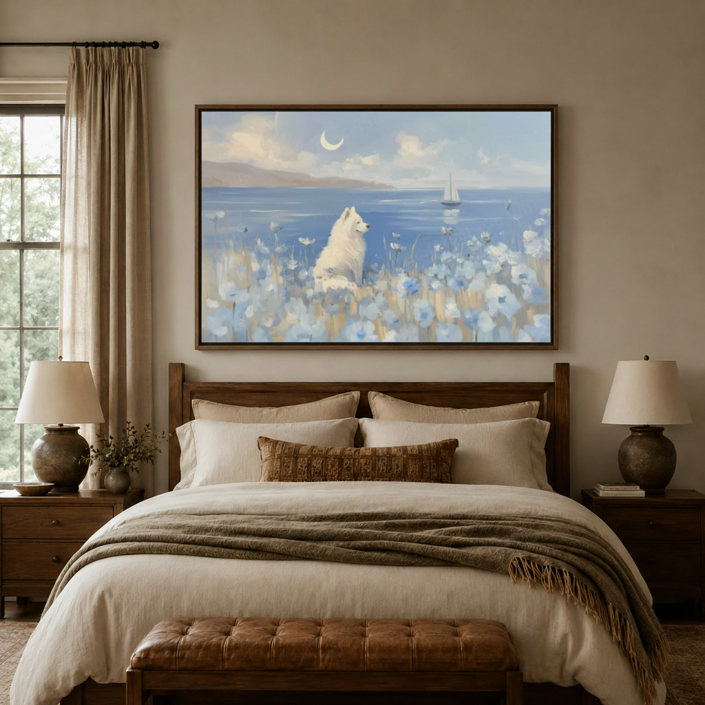 Coastal Samoyed canvas art above bed headboard in cozy neutral bedroom interior