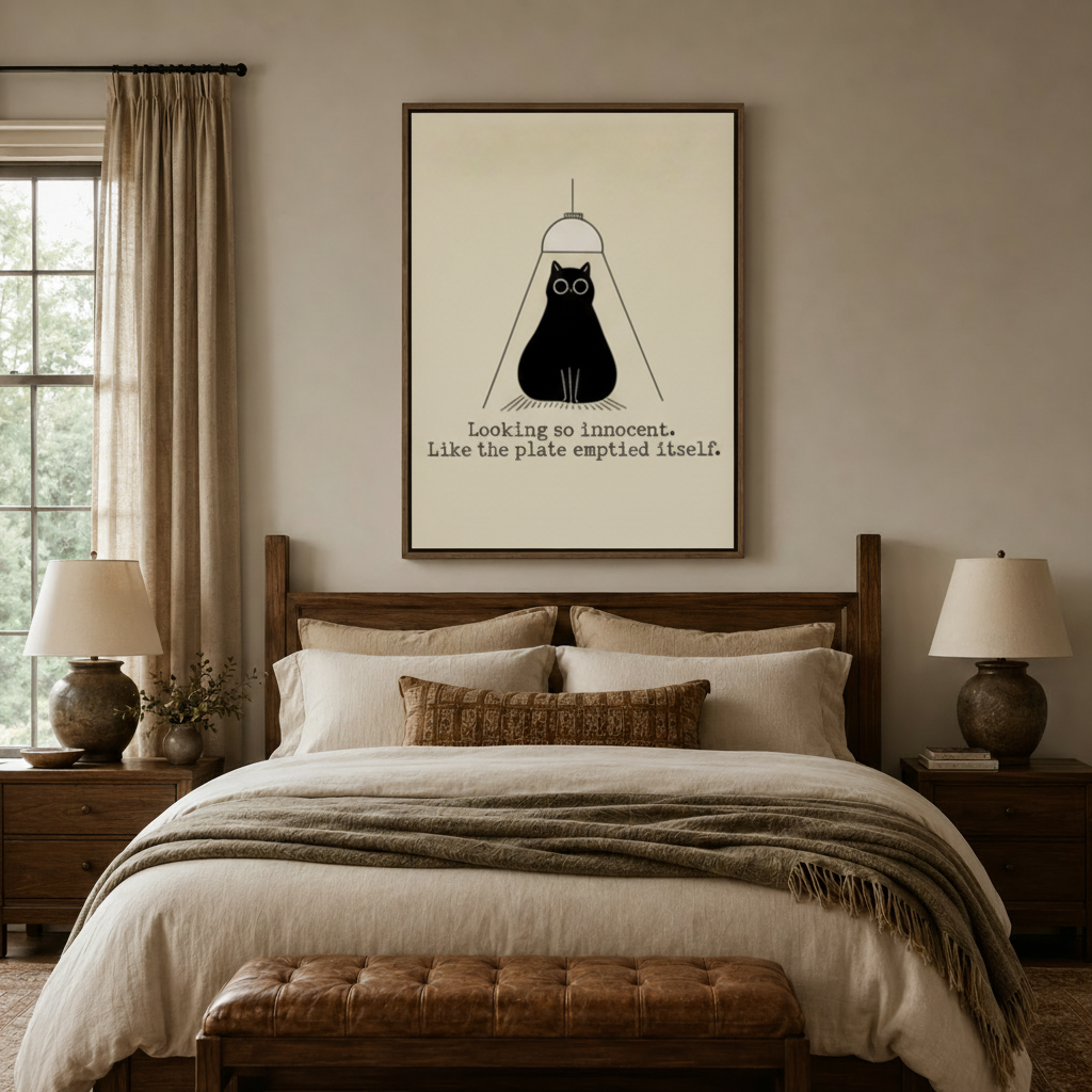 Minimalist black cat print framed above wooden bed in cozy neutral bedroom interior
