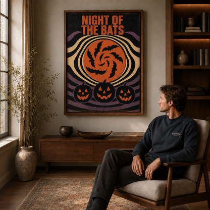 Night of the Bats poster with swirling bats and pumpkins above a seated man.