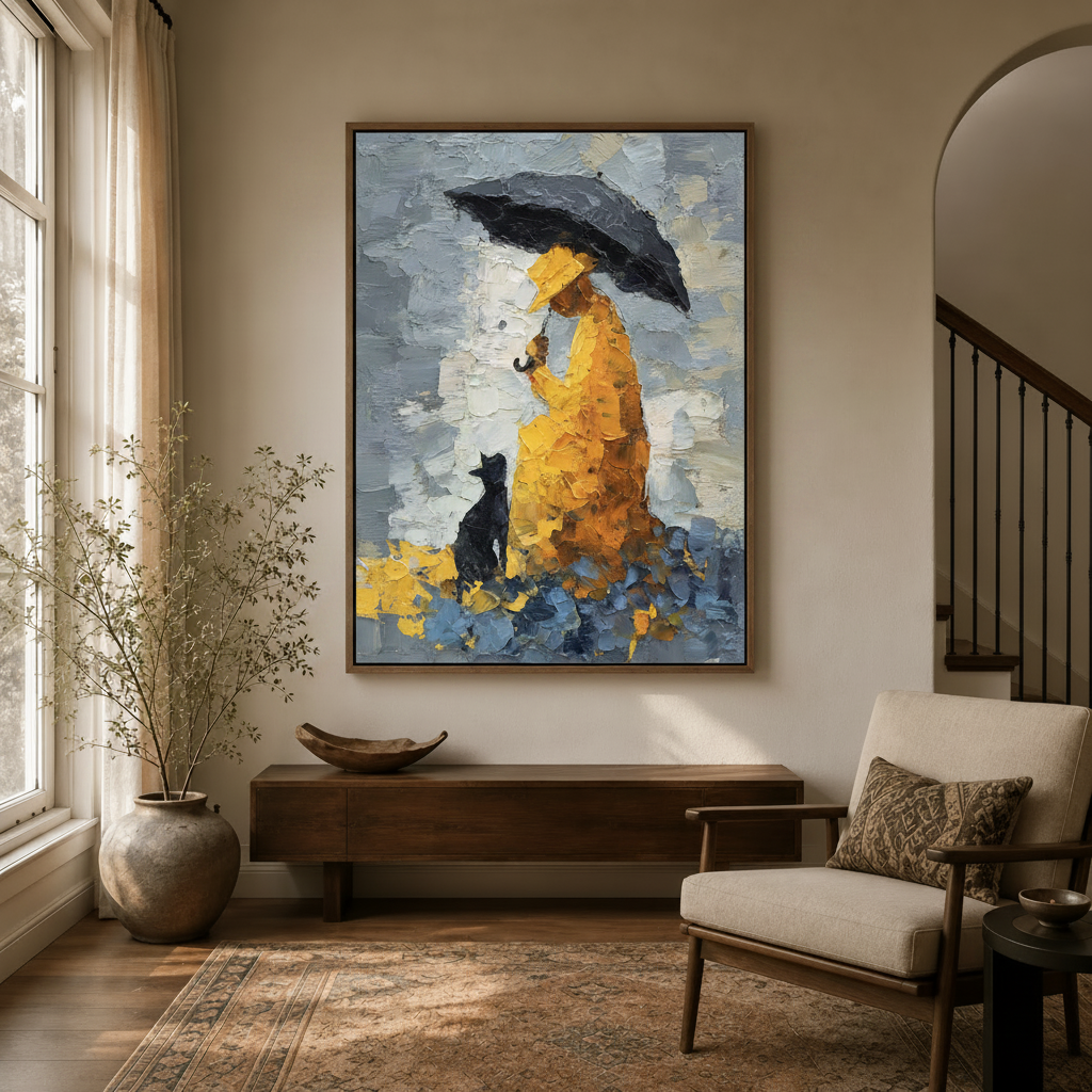 Rainy day figurative palette knife canvas in walnut float frame styled in a warm neutral entryway