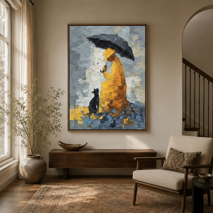 Rainy day figurative palette knife canvas in walnut float frame styled in a warm neutral entryway