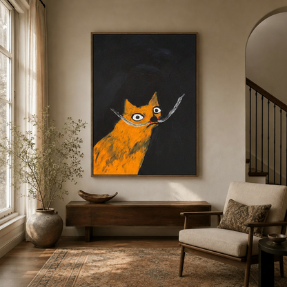 Bold orange cat wall art in walnut float frame styled in a bright modern entryway