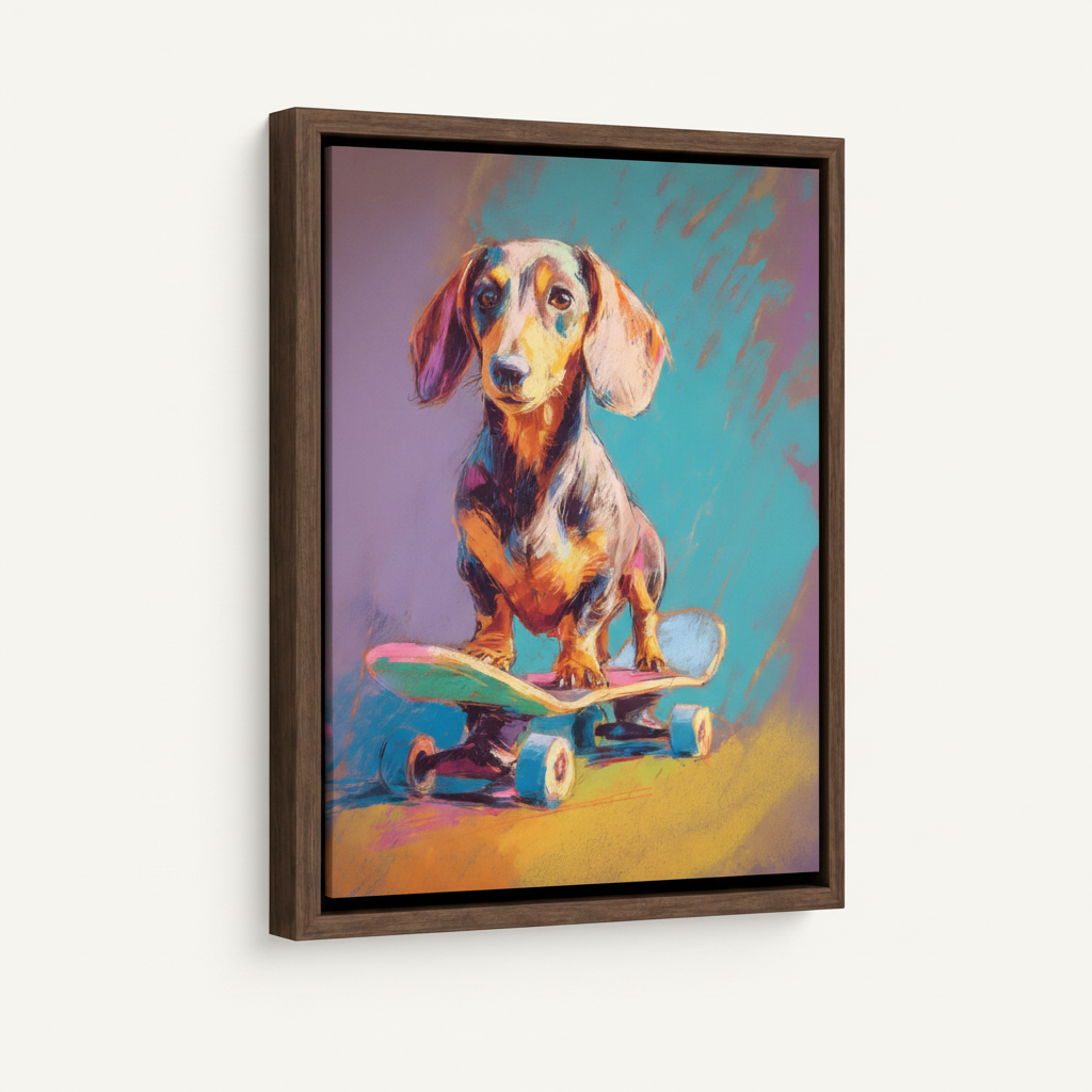 Colorful dachshund skateboard pop art canvas in dark walnut float frame, 3/4 angle on white background