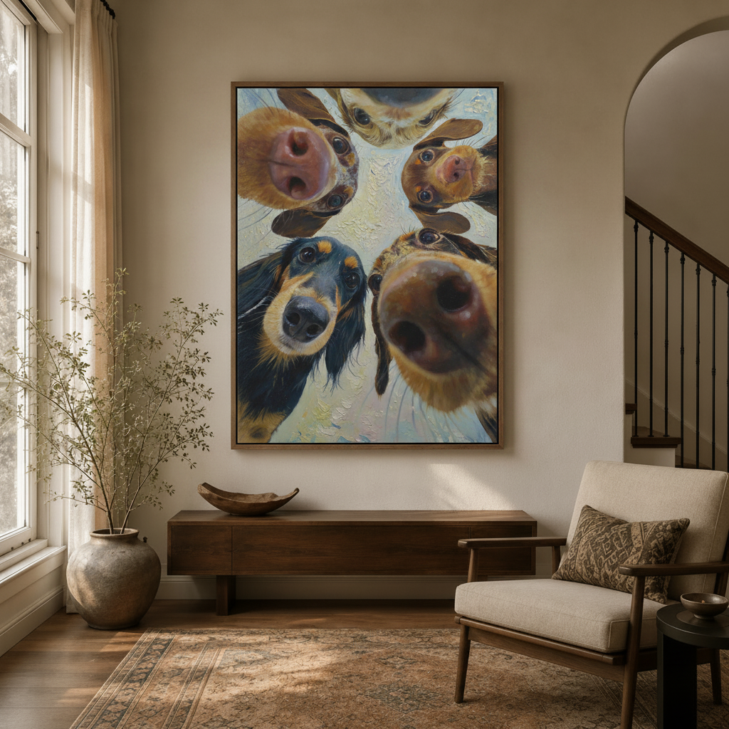 Framed funny dog impasto painting hanging in a neutral entryway hallway with arched doorway and console table