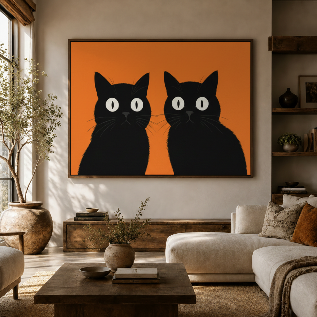 Bold orange black cat canvas wall art hung in bright living room with olive tree and white sofa