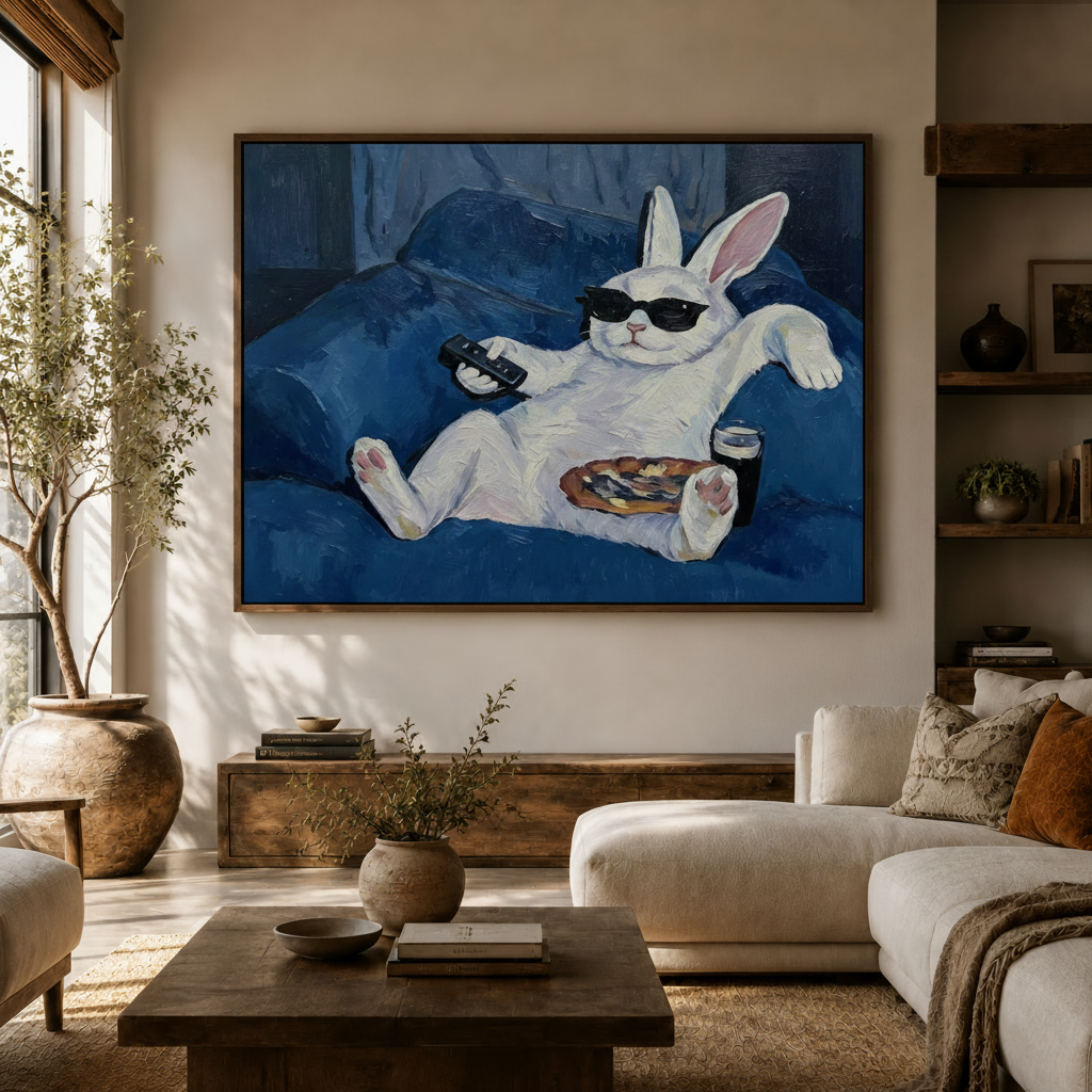 Humorous white rabbit with sunglasses canvas print hung above sideboard in bright modern living room