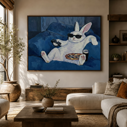 Humorous white rabbit with sunglasses canvas print hung above sideboard in bright modern living room