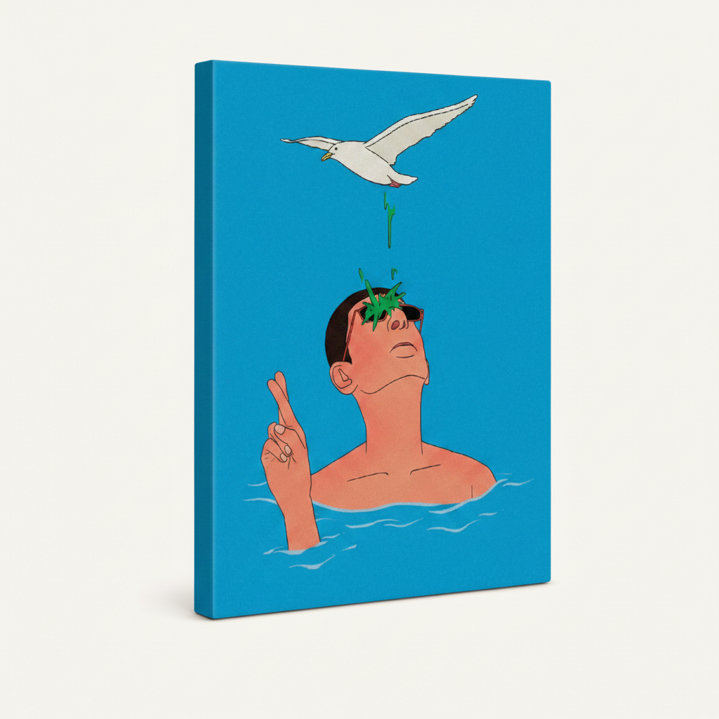 Gallery-wrapped funny seagull canvas print side angle showing clean wrapped edges