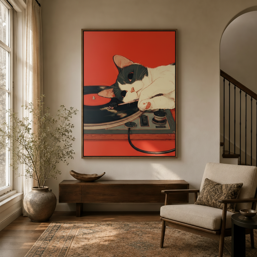Funny cat vinyl record canvas print hanging in bright entryway with arched doorway