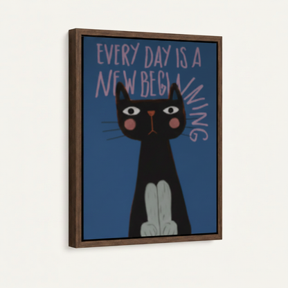 Black cat blue background inspirational quote canvas in wide dark walnut float frame, 3/4 angle portrait view