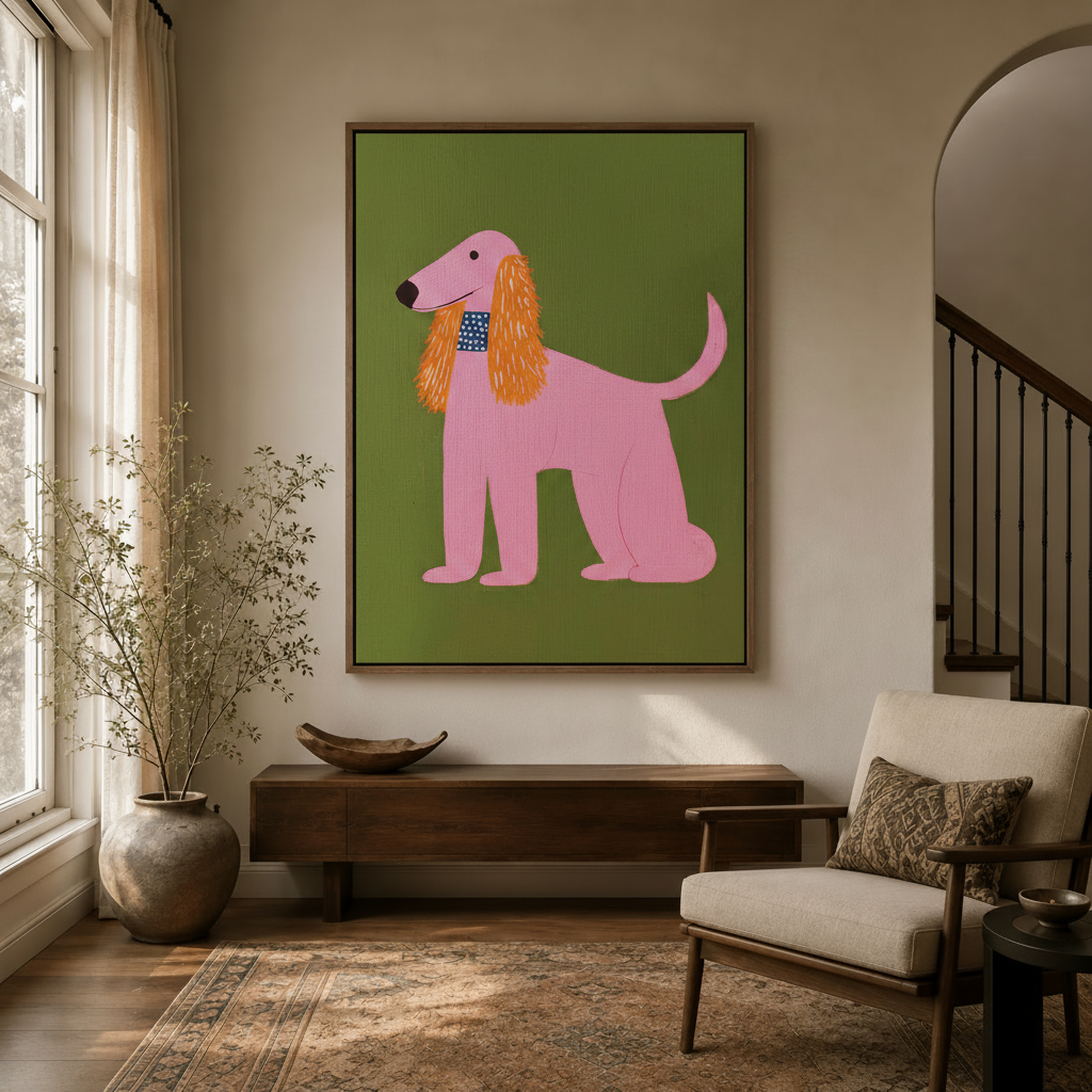 Pink Afghan Hound folk art canvas displayed in a warm entryway above a walnut console with arched doorway