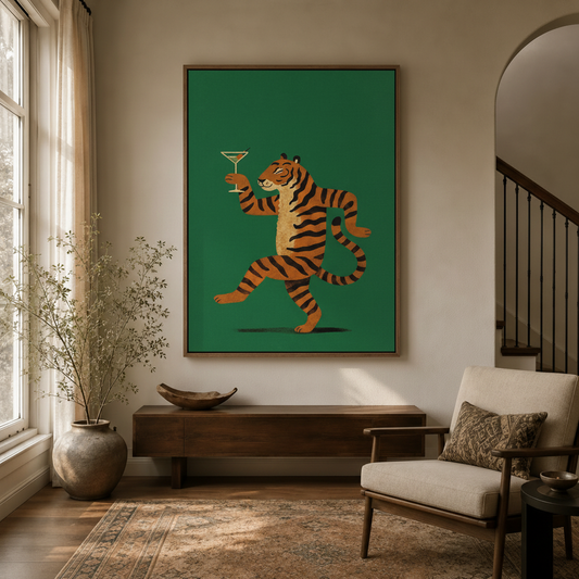 Bold illustrated cocktail tiger framed canvas hanging in a stylish entryway with arched doorway