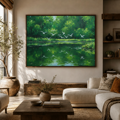 Impressionist bird painting canvas print hung in a modern living room above a white sofa with warm neutral decor