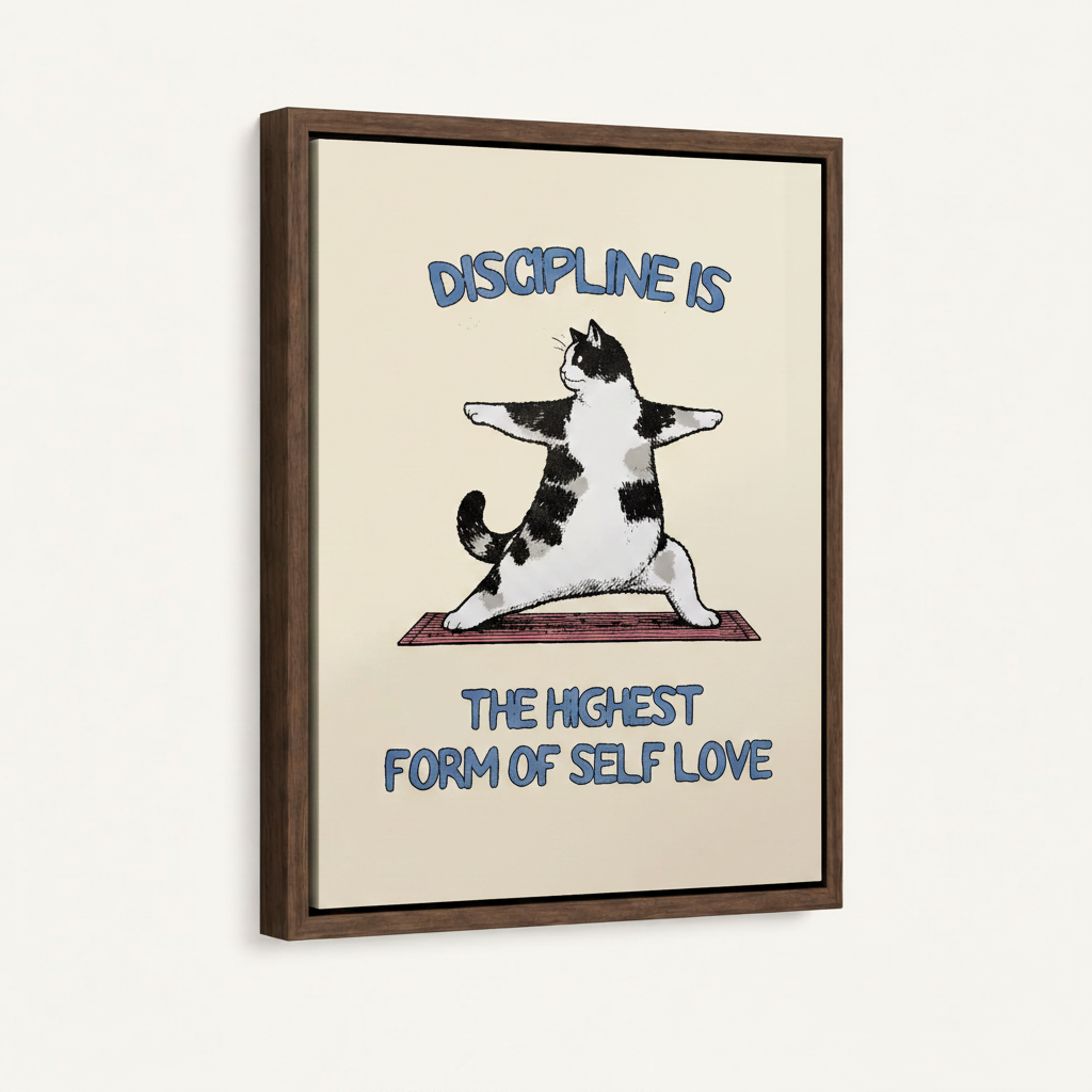 Chubby cat yoga retro motivational quote canvas in wide dark walnut float frame, 3/4 portrait angle view