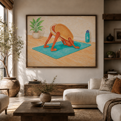 Playful hot dog doing downward dog on canvas, framed art above a living room console beside a cream sofa.