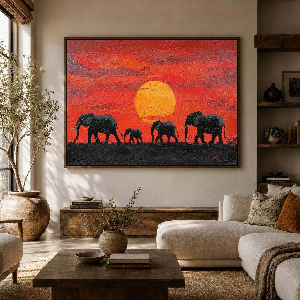 Impasto elephant sunset wall art hanging above white curved sofa in bright modern living room