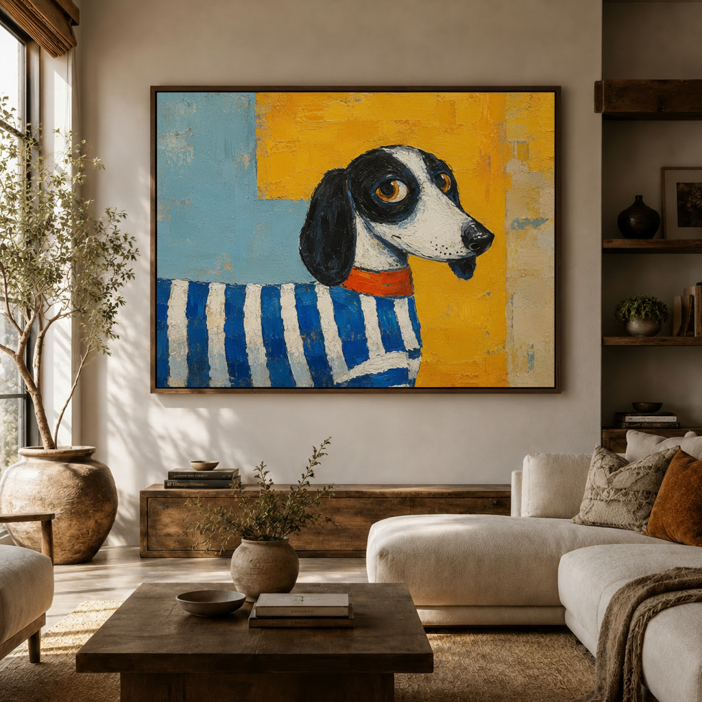 Colorful dachshund pop art wall decor displayed above a living room sofa