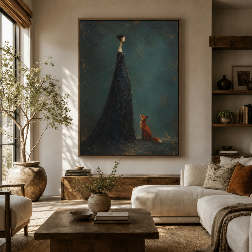 Moody figurative canvas print of a tall woman in dark gown with red fox in warm living room
