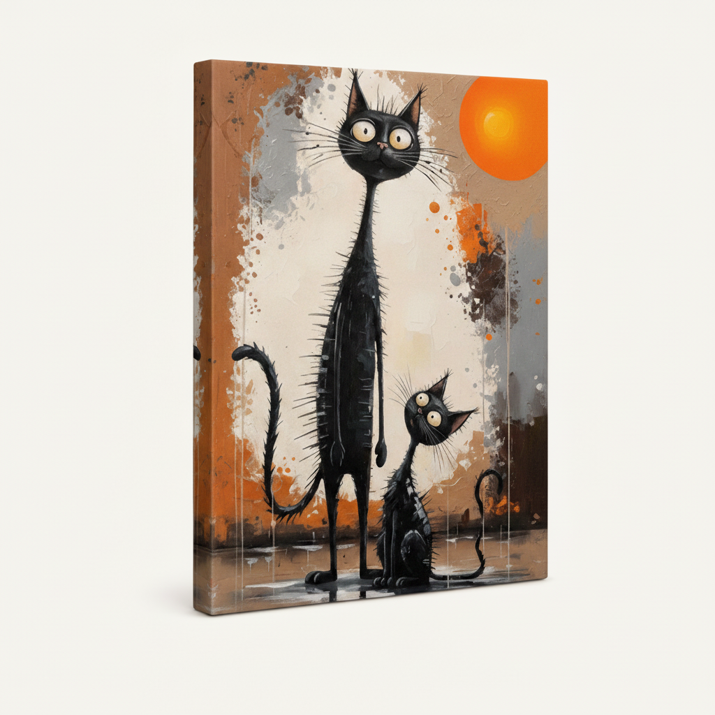 Gallery-wrapped canvas of wild-eyed black cats with orange sun abstract background shown at angle on white