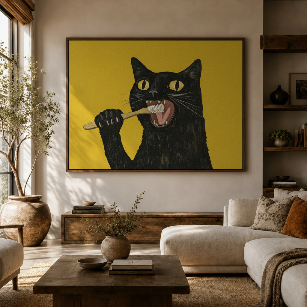 Black cat canvas wall art bringing bold feline character to a modern room