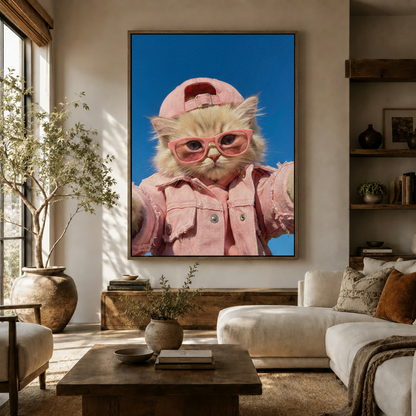 Whimsical Persian cat in pink streetwear portrait hanging in a cozy neutral living room setting