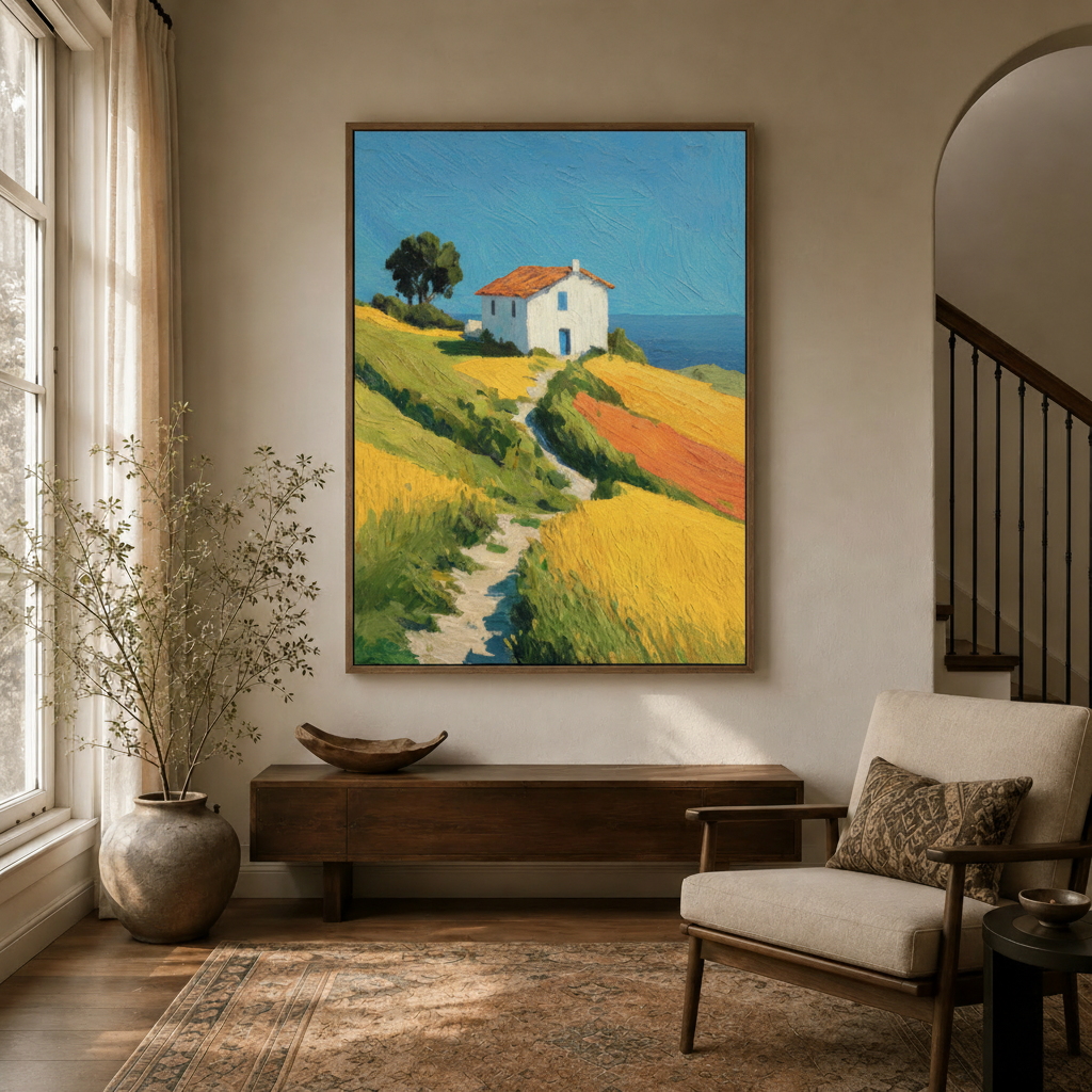 Impressionist Mediterranean farmhouse canvas wall art styled in a warm entryway with arched doorway and console table
