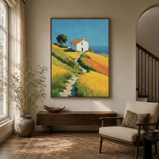Impressionist Mediterranean farmhouse canvas wall art styled in a warm entryway with arched doorway and console table
