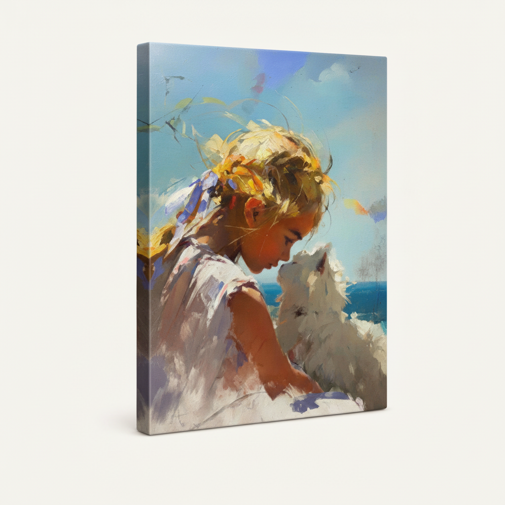 Gallery-wrapped girl and cat seaside canvas with cobalt blue sky wrap sides on off-white background