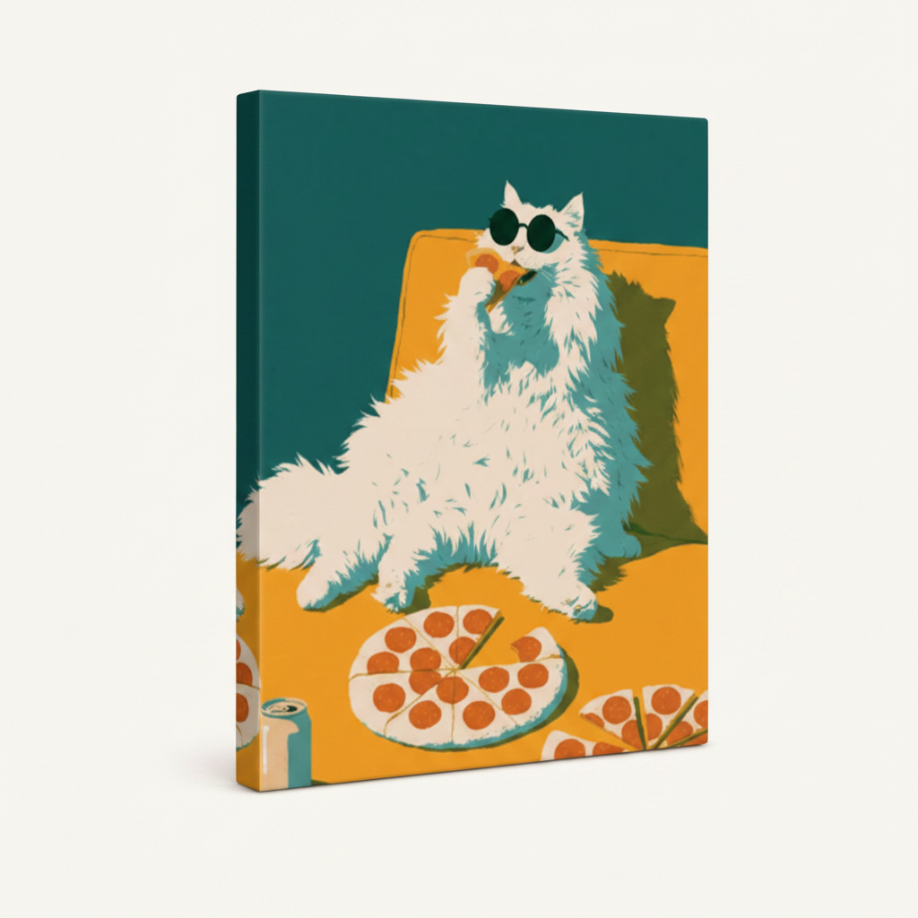 Gallery-wrapped canvas of white cat with sunglasses and pizza on yellow sofa shown at angle on white background