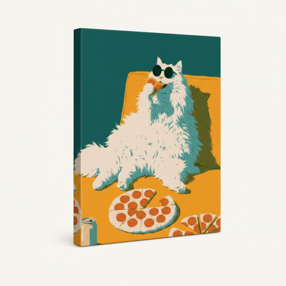 Gallery-wrapped canvas of white cat with sunglasses and pizza on yellow sofa shown at angle on white background