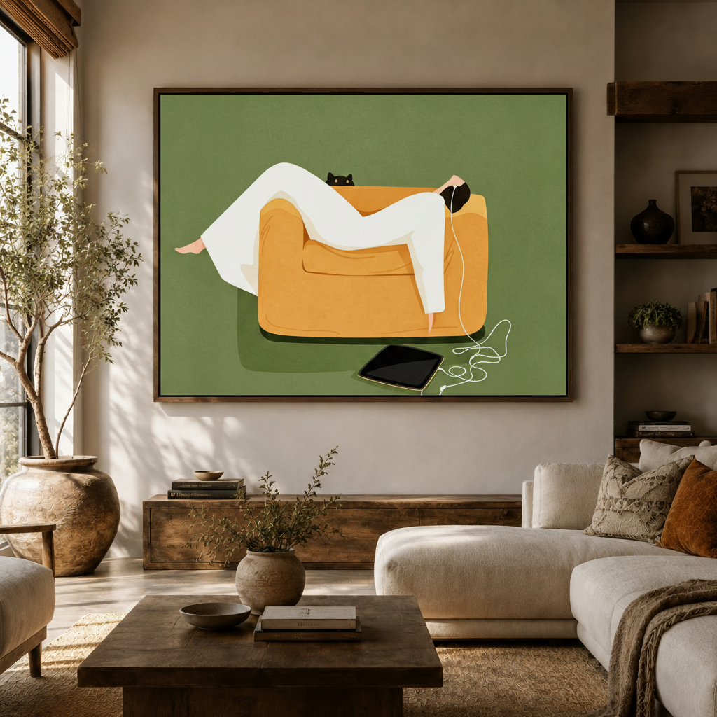 Top-down woman and black cat illustration canvas hung above a white sofa in a bright modern living room