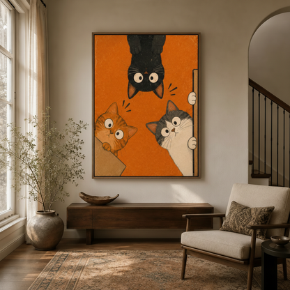 Whimsical cats peeking canvas wall art displayed in warm entryway above console table
