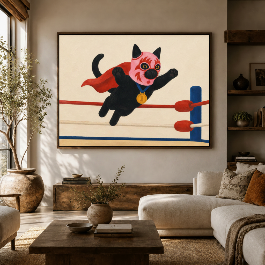 Black cat lucha libre art print on canvas hung above sideboard in bright modern living room