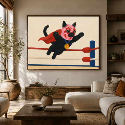 Black cat lucha libre art print on canvas hung above sideboard in bright modern living room