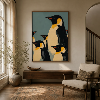 Retro penguin wildlife wall art in float frame hanging in a warm entryway hallway