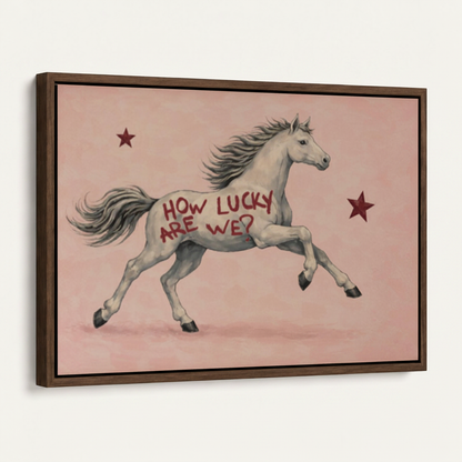 Framed white horse How Lucky Are We canvas print in dark walnut float frame angled product view