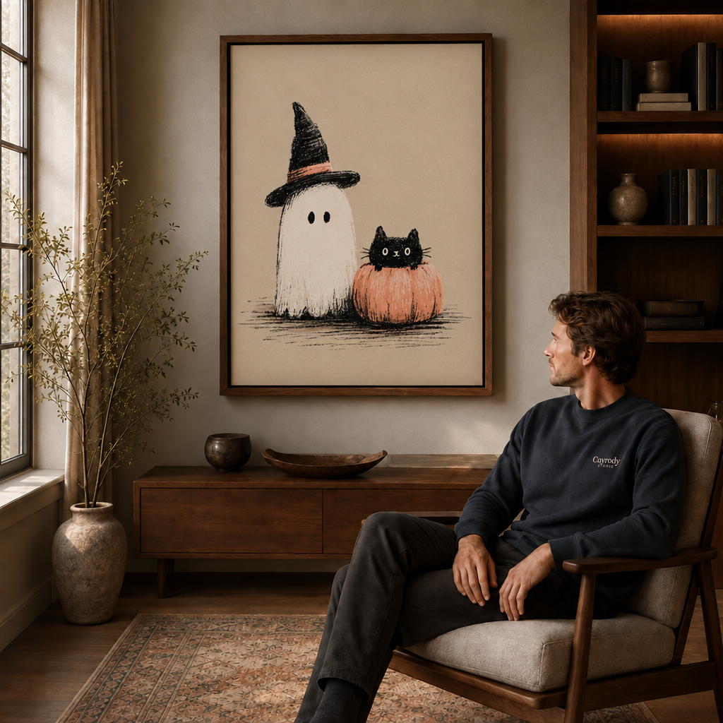 Minimalist Halloween ghost canvas displayed above a wood cabinet beside a seated man.
