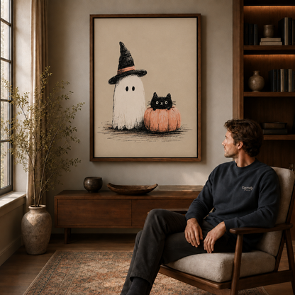 Minimalist Halloween ghost canvas displayed above a wood cabinet beside a seated man.