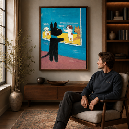 Blue rabbit and dogs artwork in a walnut frame above a seated man in a warm living room.