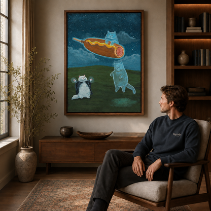 A man relaxes in an armchair beside a floating-frame print of a caped cat and flying corn dog under a starry night sky.