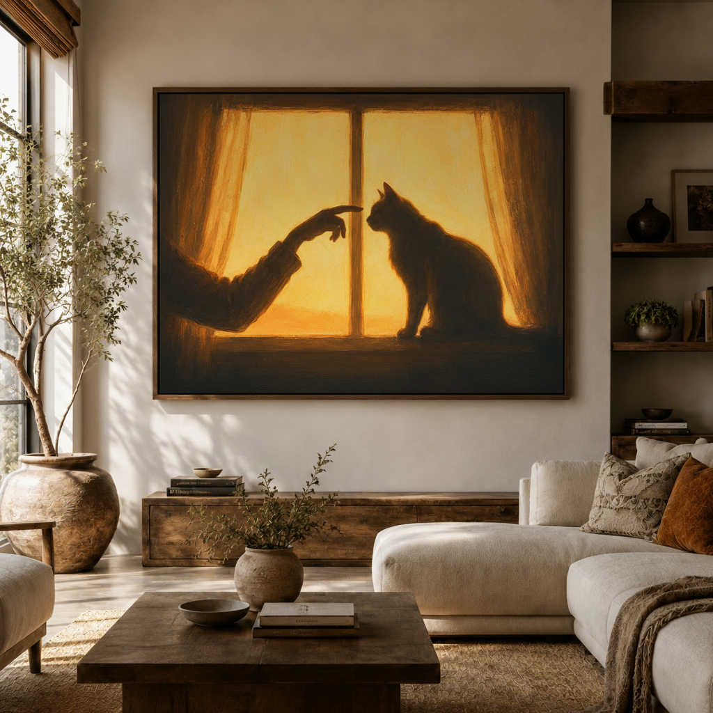 Golden sunset cat and hand silhouette canvas wall art hung above a white sofa in a cozy living room