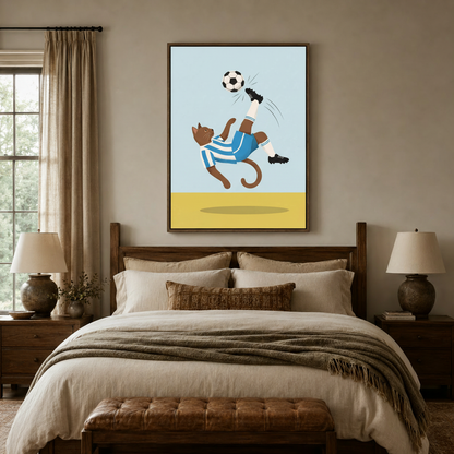Whimsical cat soccer canvas print displayed above wooden bed frame in warm bedroom setting