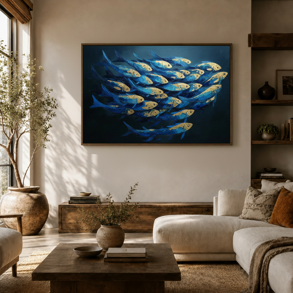 Bold ocean fish impasto canvas wall art displayed above sideboard in modern living room