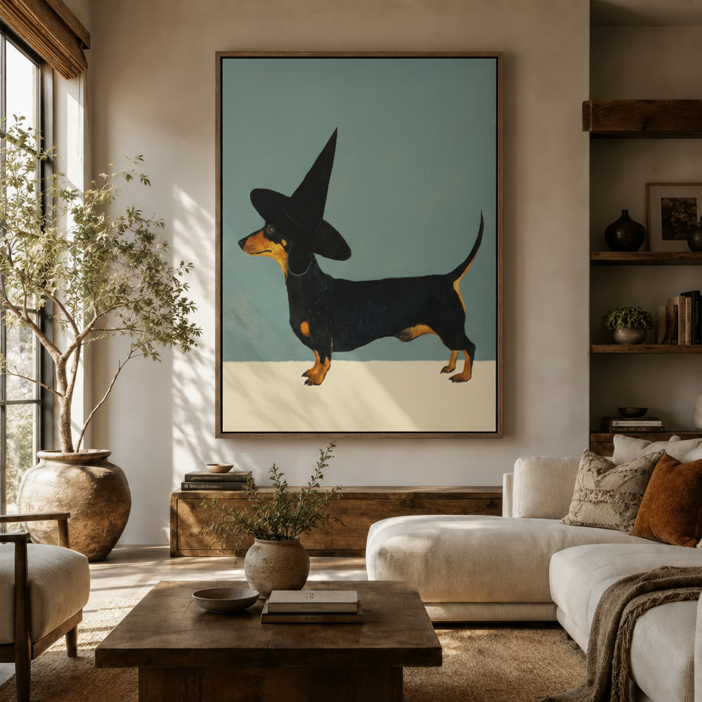Halloween dog wall art in a warm neutral living room above a white linen sofa and rustic coffee table