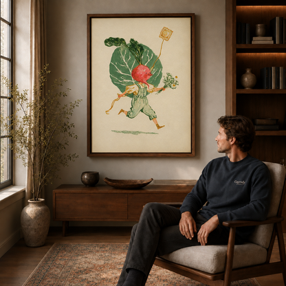  Vintage radish character wall art displayed above a wood cabinet beside a seated man.