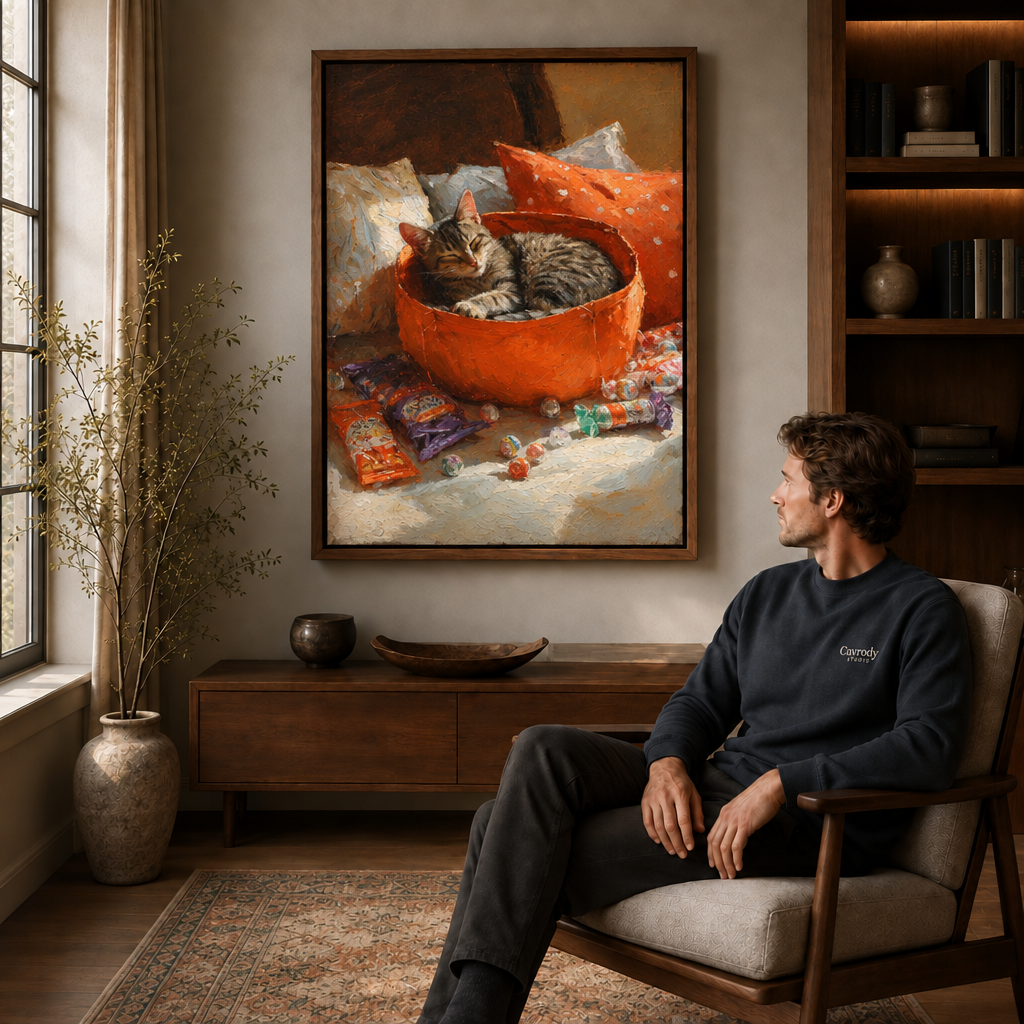 书房男士座椅场景 Halloween cat canvas displayed above a wood cabinet beside a seated man in a study.