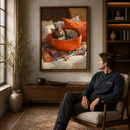 书房男士座椅场景 Halloween cat canvas displayed above a wood cabinet beside a seated man in a study.